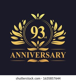 93rd Anniversary Design, luxurious golden color 93 years Anniversary logo design celebration.