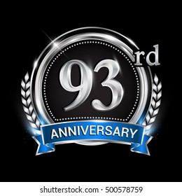 93rd anniversary logo with silver ring combination blue ribbon and laurel wreath. Vector template for birthday celebration, party, wedding, invitation and greeting card