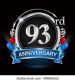 93rd anniversary logo with silver ring,balloons and blue ribbon. Vector design template elements for your birthday celebration.
