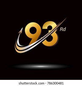 93rd anniversary with swoosh and arrow icon. fast and forward golden anniversary logo on black background