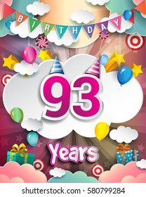 93rd Birthday Celebration greeting card Design, with clouds and balloons. Vector elements for the celebration party of ninety three years anniversary