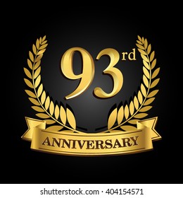 93rd golden anniversary logo with ring and ribbon, laurel wreath vector design isolated on black background