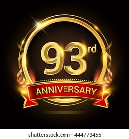 93rd golden anniversary logo with ring and red ribbon, vector design.