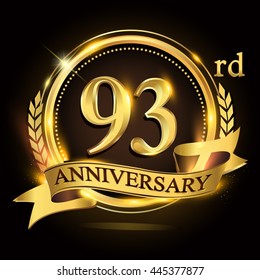 93rd golden anniversary logo with ring and ribbon, laurel wreath vector design.