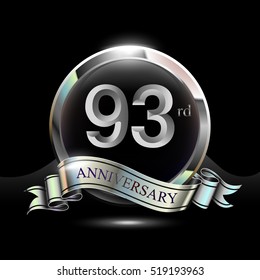 93rd silver anniversary logo, vector celebration design with ring and ribbon.