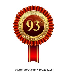 93rd years anniversary golden badge with red ribbons, laurel wreath isolated on white background, vector design for greeting card, banner and invitation card.