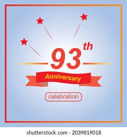 93th anniversary banner, in 93 years anniversary concept template design vector, decorated with red ribbon and stars