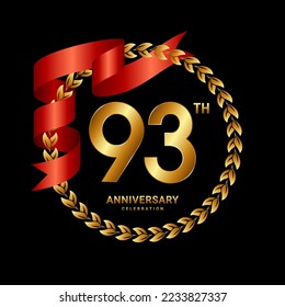 93th Anniversary Celebration. Anniversary Logo Design with Laurel Wreath and Red Ribbon for Celebration Event, Wedding, Invitation, Greeting Card. Logo Vector Illustration