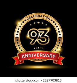 93th anniversary celebration logo design with golden color emblem style and red ribbon, vector template