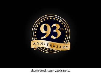 93th anniversary golden gold logo with gold ring and ribbon isolated on black background, vector design for celebration.