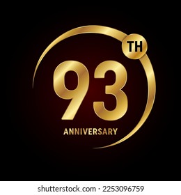 93° aniversario. Concepto de diseño del logo del aniversario con anillo de oro para celebración del aniversario, tarjeta de invitación, tarjeta de saludo, banner, afiche, volante, portada del libro. Plantilla de vectores de logotipos