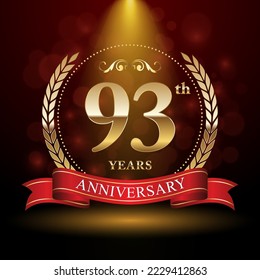 93th Anniversary. Anniversary logo design with Laurel wreath and red ribbon for celebration event, wedding, invitation, greeting card. Vector illustration