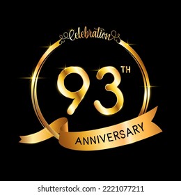93° Aniversario. Diseño perfecto de plantilla para el evento de celebración del aniversario con cinta y anillo de color dorado, ilustración vectorial