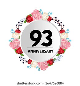 93th anniversary. Vector design greeting card with decorative floral circle for celebration