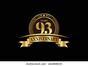 93th years anniversary logo template, vector design birthday celebration, Golden anniversary emblem with ribbon. Design for a booklet, leaflet, magazine, brochure, poster, web, invitation or greeting