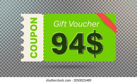 94$ coupon promotion sale for website, internet ads, social media. Big sale and super sale coupon code $94 discount gift voucher with coupon vector illustration summer offer ends weekend holiday