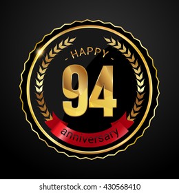 94 golden anniversary logo with red ribbon, low poly design number