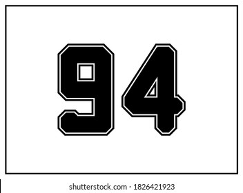 94 number classic american, college style font. Uniform letter in black with a black outside contour line. Vintage sport font.For jersey, t-shirt, basketball, baseball, football. Isolated vector