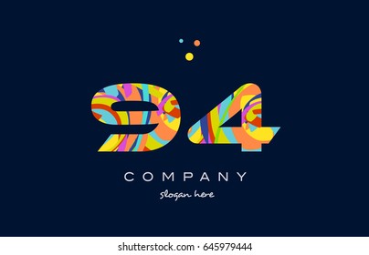 94 number digit numeral logo colored colorful rainbow acrylic modern creative vector icon design template