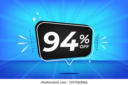 94% off. Blue banner with ninety-four percent discount on a black balloon for mega big sales.