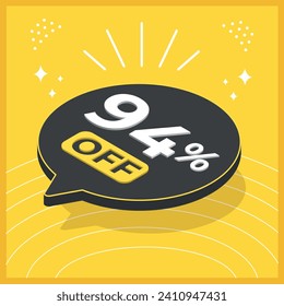 94 por ciento de descuento. Globo flotante 3D con promoción de ventas en fondo amarillo