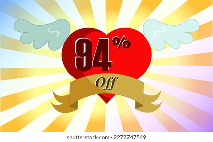 94 percent off. Banner, heart with wings, decorative stripe, orange and yellow gradient background, blue and pink gradient background.