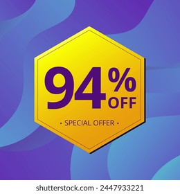 94% Sale and Discount Label. Ninety four percent Sale Discount label Geometric design. Abstract Blue and Yellow Hexagon. Vector illustration.