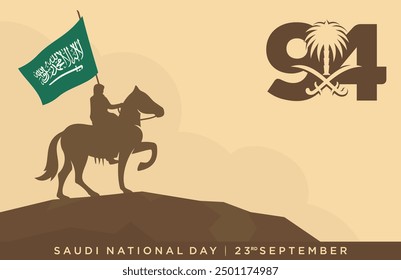 94 Día Nacional Saudí. 23 de septiembre. Texto árabe: Nuestro Día Nacional. Reino de Arabia Saudita. Ilustración vectorial.