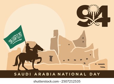 94 Día Nacional Saudí. 23 de septiembre. Texto árabe: Día Nacional de Nuestra Arabia Saudita, Reino de Arabia Saudita. Ilustración vectorial.