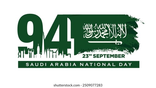 94 Saudi National Day. 23rd September. Arabic Text: Our Saudi Arabia National Day, Kingdom of Saudi Arabia. Vector Illustration.