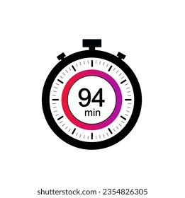94 timer minutes symbol, 94 min timer clock icon flat design isolated on white background.
