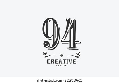 94 vintage number logo icon with black and white color design. Creative template for business and company