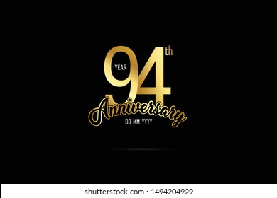 94 year anniversary celebration logotype. anniversary logo with golden color isolated on black background, vector design for celebration, invitation card, and greeting card - Vector