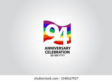 94 year anniversary celebration logotype with white number Emboss Style isolated on LGBT Colorful Flag on white grey background  - vector