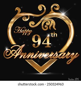 94 year anniversary golden heart, 94th anniversary decorative golden heart design - vector eps10