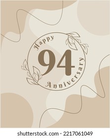 94 year anniversary, minimalist logo. brown vector illustration on Minimalist foliage template design, leaves line art ink drawing with abstract vintage background.