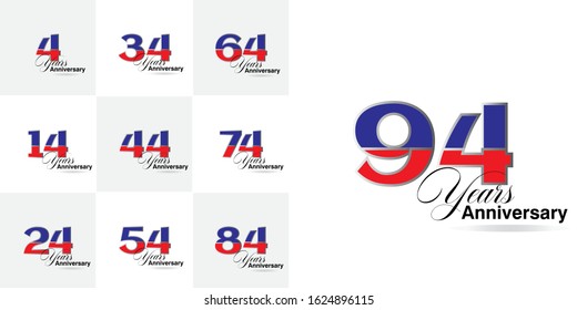 94 Year Anniversary Set 4, 14, 24, 34, 44, 54, 64, 74, 84 Vector Template Design Illustration
