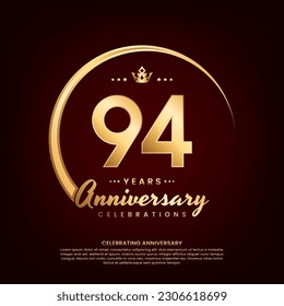 94 year anniversary template design with golden number and ring for birthday celebration event, invitation, banner poster, flyer, and greeting card, vector template
