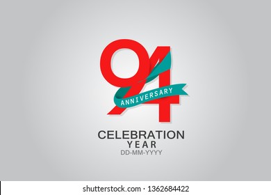 94 years anniversary blue ribbon celebration logotype. anniversary logo with Red text and Spark light white color isolated on black background, vector design for celebration, invitation vector