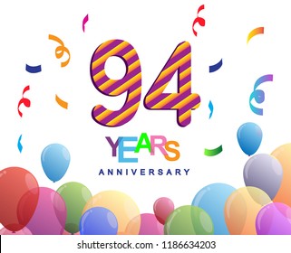 94 years anniversary celebration with colorful balloons and confetti, colorful design for greeting card birthday celebration