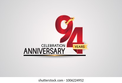 94 years anniversary celebration design with elegance red color and golden ribbon isolated on white background for celebration event