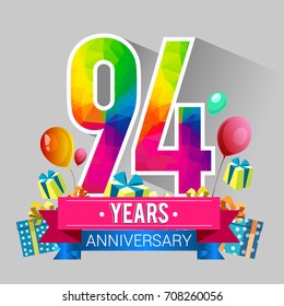 94 Years Anniversary Celebration Design, with gift box and balloons, red ribbon, Colorful polygonal logotype, Vector template elements for your birthday party.