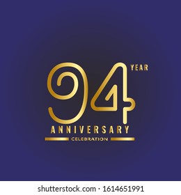 94 years anniversary celebration emblem. anniversary elegance golden logo on dark blue background, vector illustration template design for celebration greeting and invitation card
