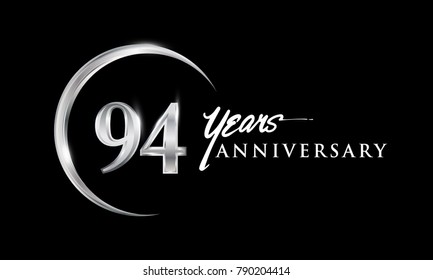 94 years anniversary celebration. Anniversary logo with silver ring elegant design isolated on black background, vector design for celebration, invitation card, and greeting card