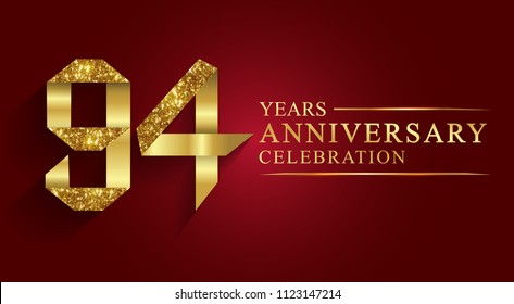 94 years anniversary celebration logotype style gift paper. Logo ribbon golden number on red background.