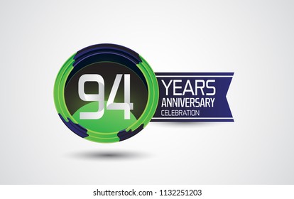 94 years anniversary celebration logotype design abstract green and blue circle with ribbon isolated on white background for celebration event, birthday and party