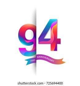 94 Years Anniversary with colorful stylized number. Applicable for brochure, flyer, Posters, web and Banner Designs. Vector illustration.