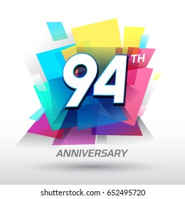 94 years Anniversary with confetti and celebration background, logo design template