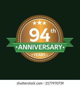 94 years anniversary, country style, old gold and green, wedding, companies, years, jubilee, greeting card. Birthday invitation sign on deep green background. Vector illustration.
