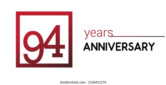 94 years anniversary design logotype with red color in square isolated on white background for anniversary celebration 